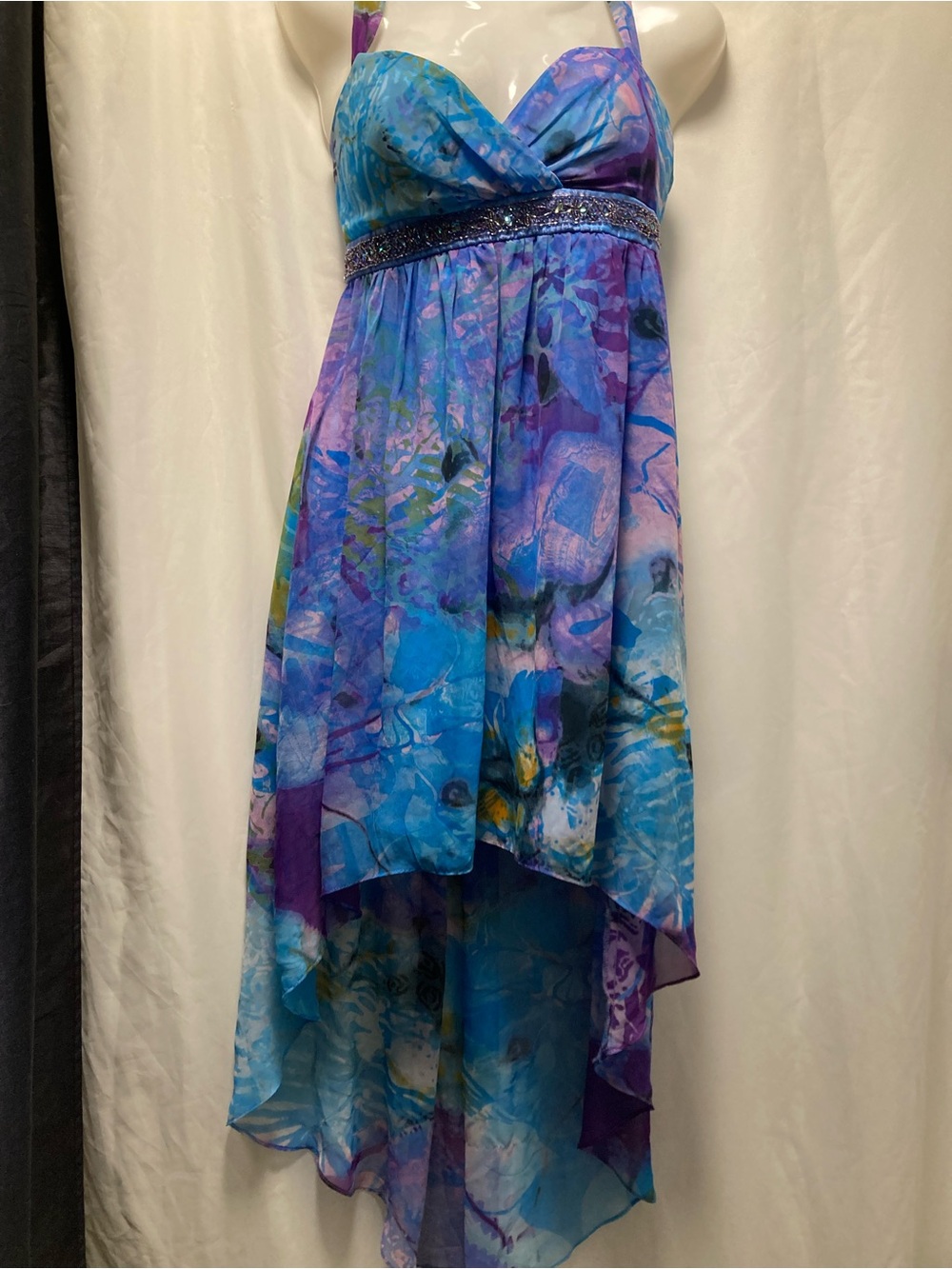 Laura Petite Asymmetrical Blue-Purple Print High-Low Dress